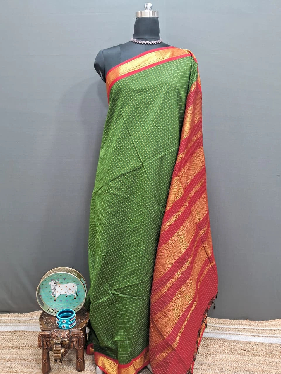 Dark Green Zari Checked Kalyani Cotton Saree