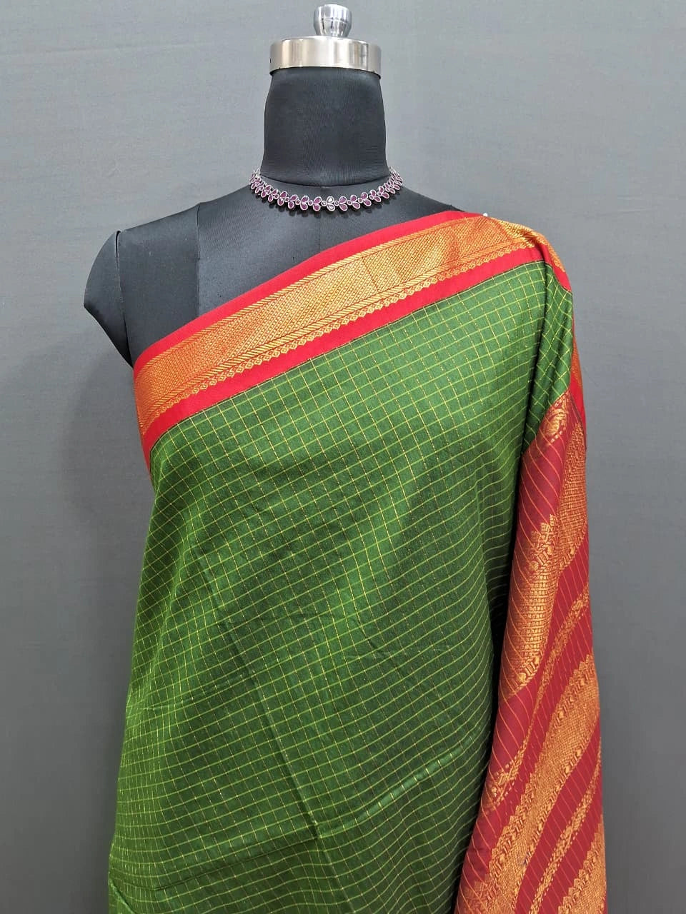 Dark Green Zari Checked Kalyani Cotton Saree 1