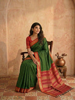 Dark Green Zari Checked Kalyani Cotton Saree
