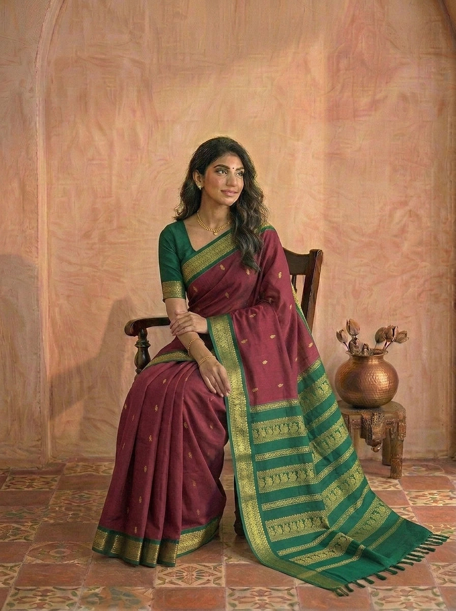 Dark red Kalyani cotton saree