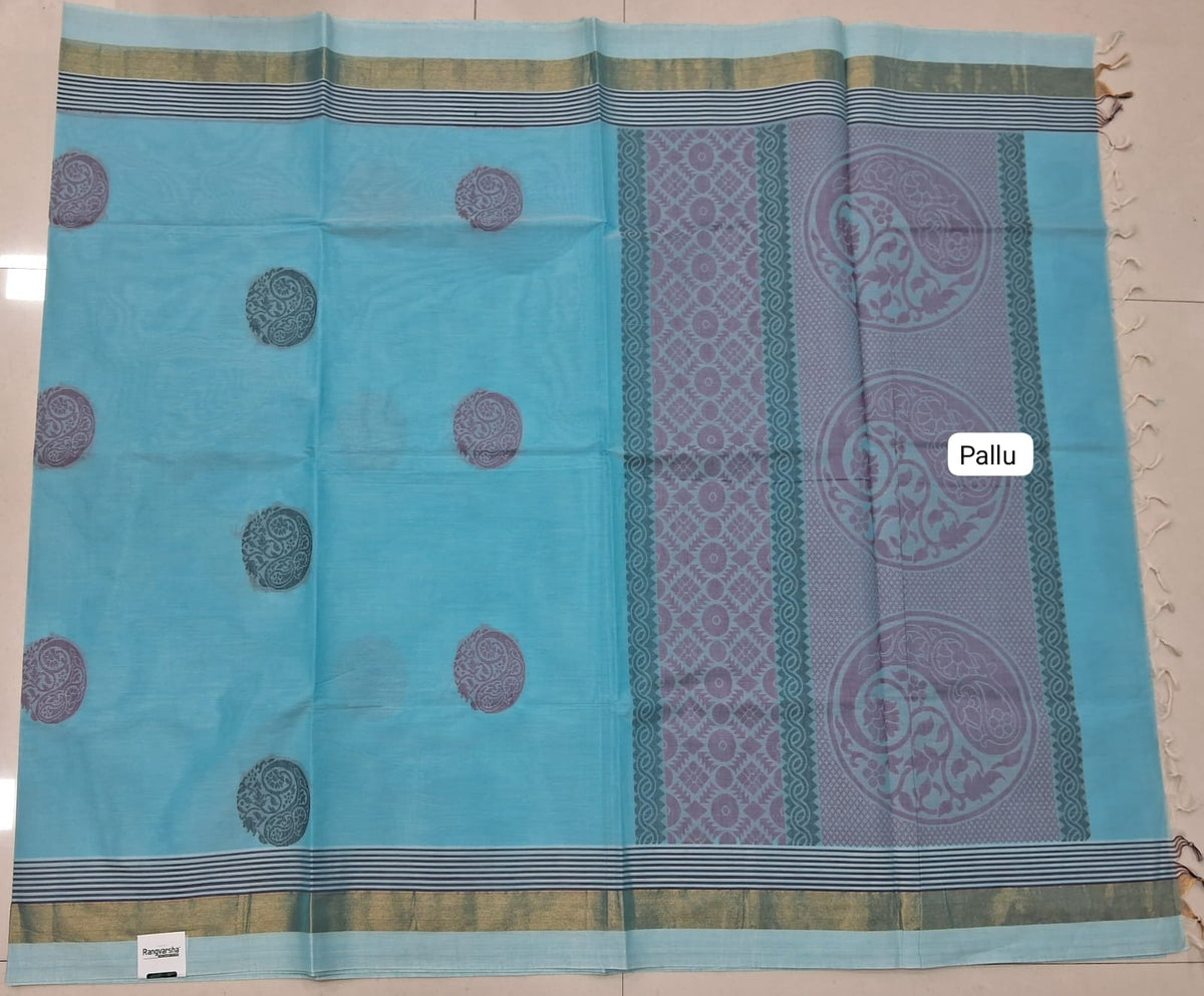 Aqua Blue Kanchi Cotton Saree pallu