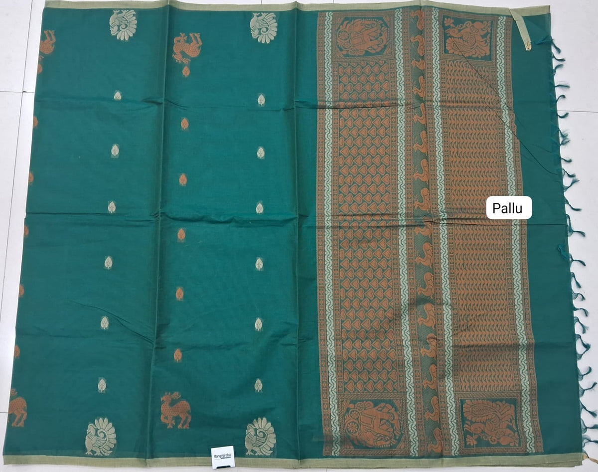Bottle Green Kanchi Cotton Saree pallu