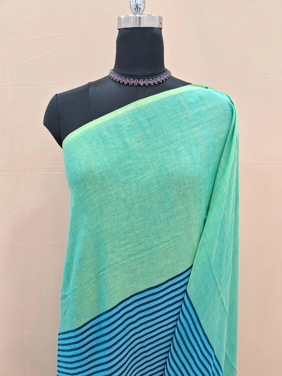Sea Breeze Green-Blue Striped Mulmul Cotton Saree 1