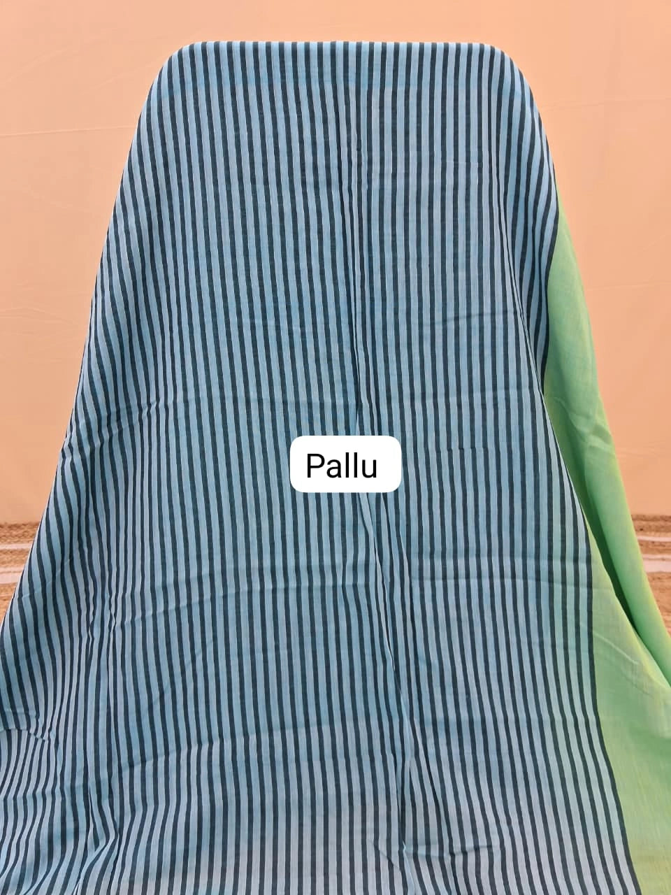 Sea Breeze Green-Blue Striped Mulmul Cotton Saree Pallu