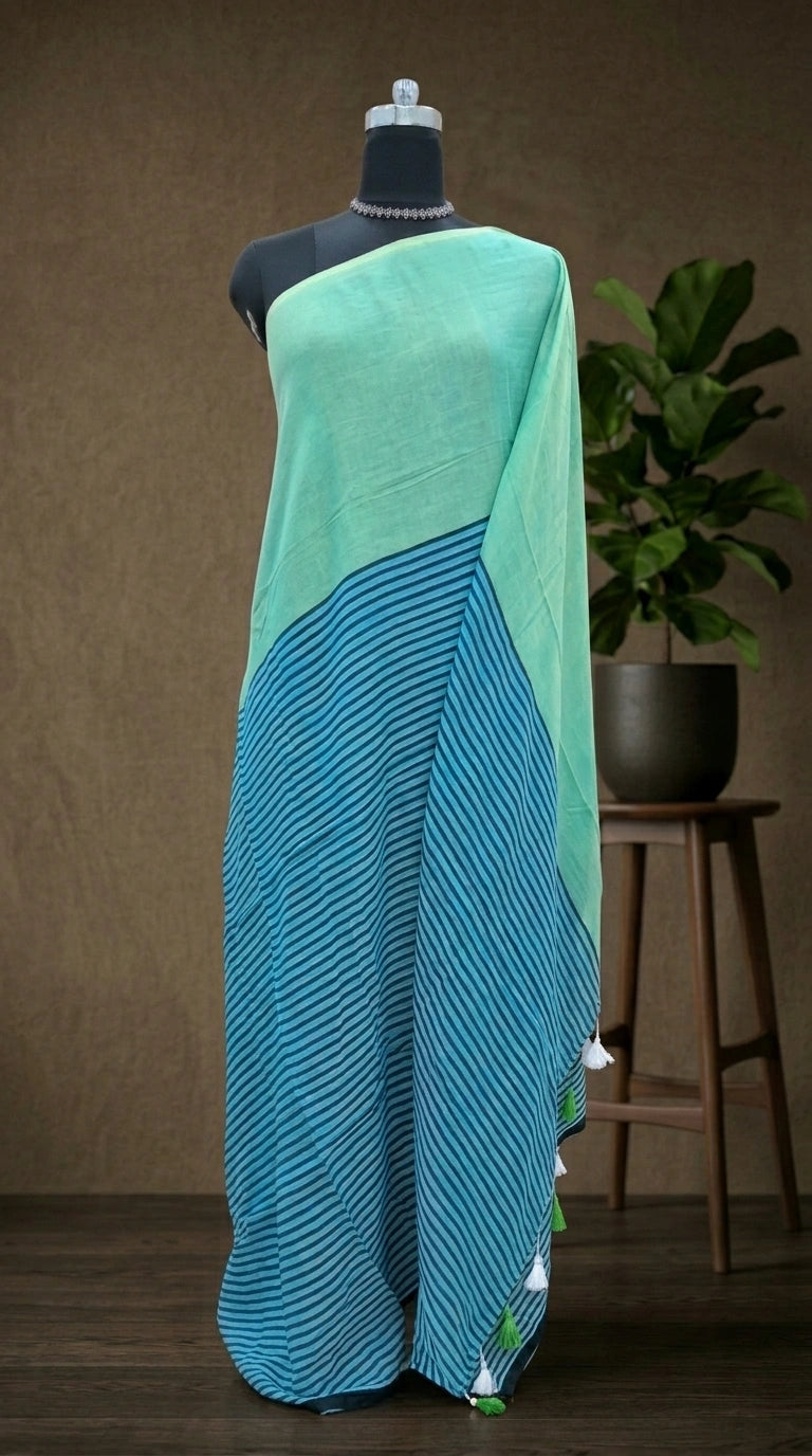Sea Breeze Green-Blue Striped Mulmul Cotton Saree