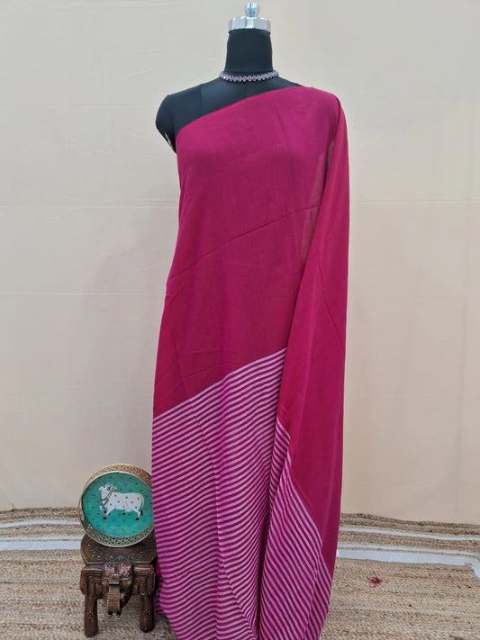 Wine Red and Blush Pink Striped Mulmul Cotton Saree