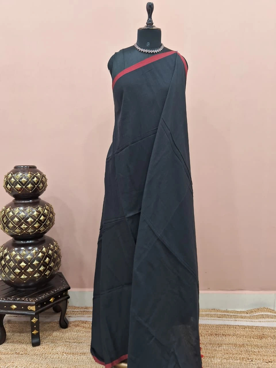 Black Plain Mulmul Cotton Saree 