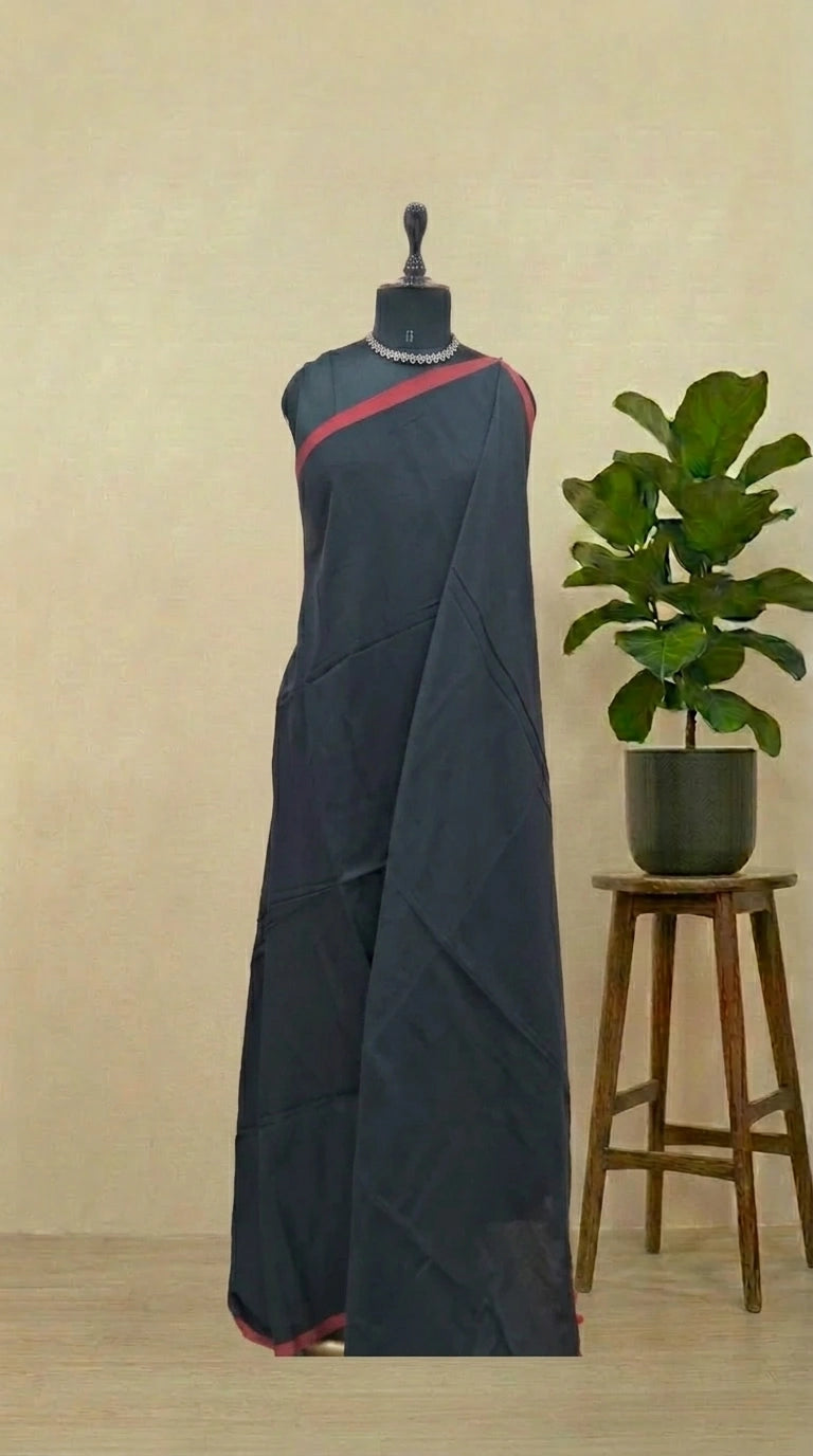 Black Plain Mulmul Cotton Saree 
