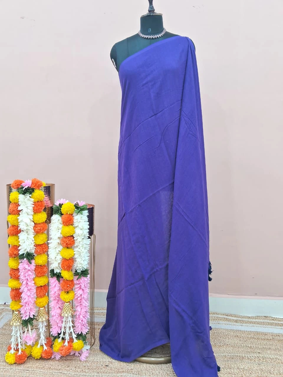 Elegant Navy Blue Plain Mulmul Cotton Saree 