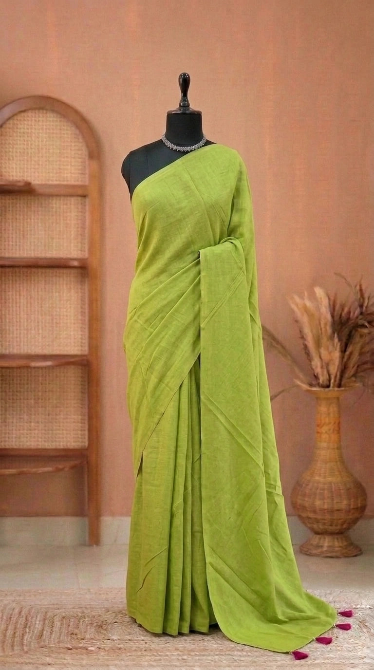 Parrot Green Plain Mulmul Cotton Saree 