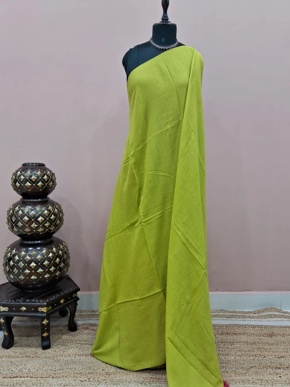 Parrot Green Plain Mulmul Cotton Saree 