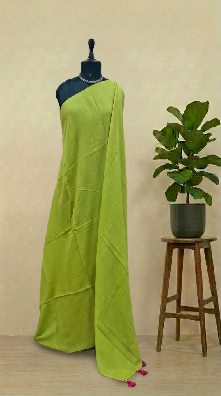 Parrot Green Plain Mulmul Cotton Saree