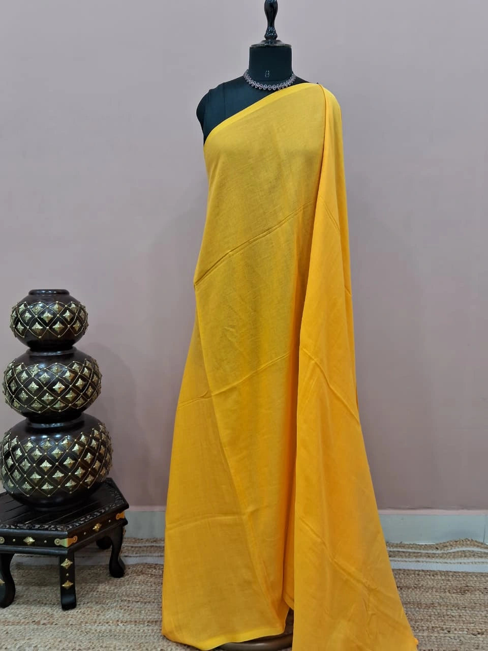 Yellow Plain Mulmul Cotton Saree 