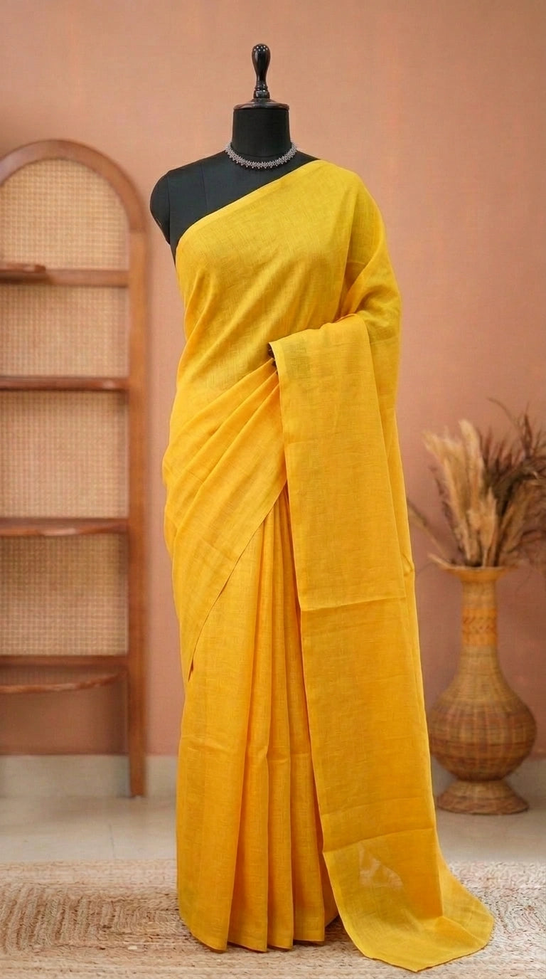 Yellow Plain Mulmul Cotton Saree