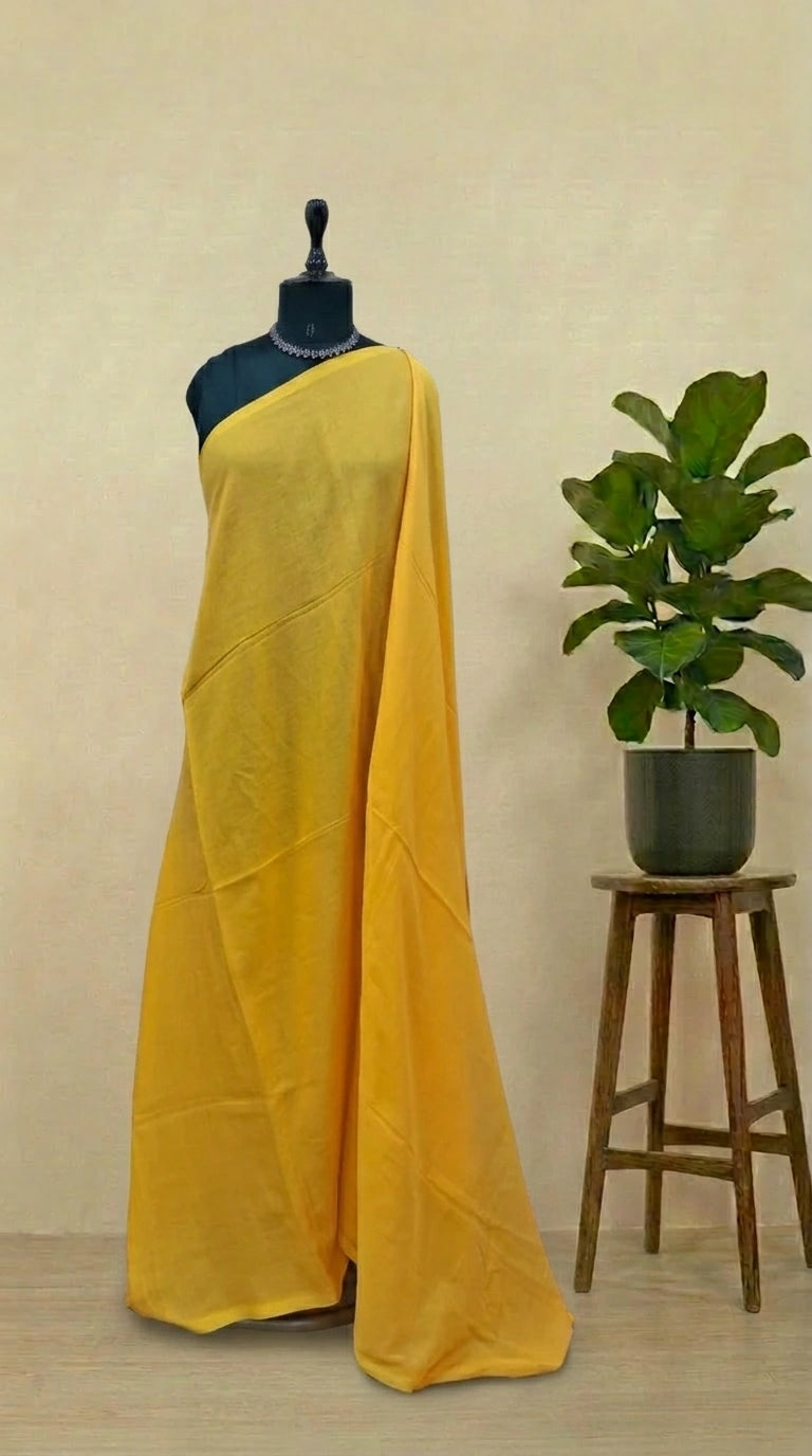 Yellow Plain Mulmul Cotton Saree 