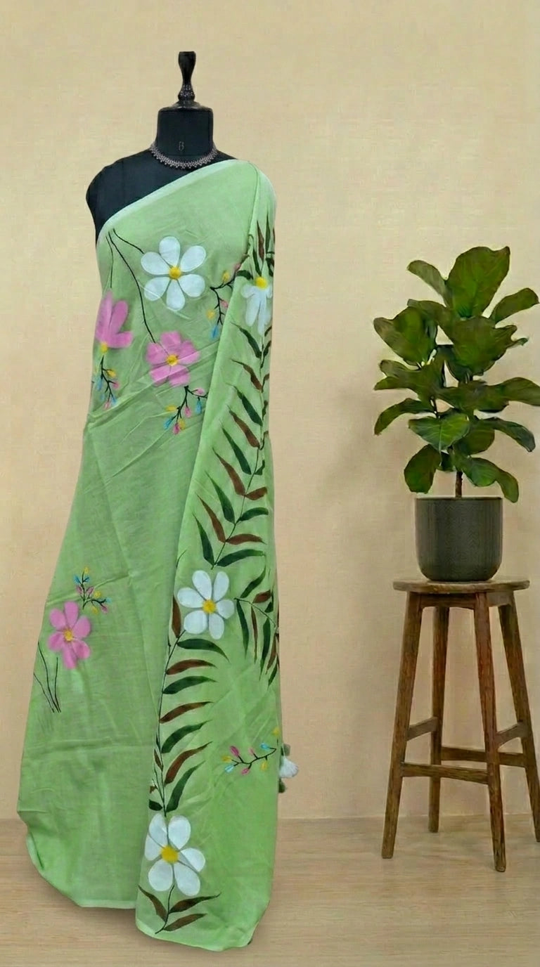 Bright Green Mulmul Cotton Saree 