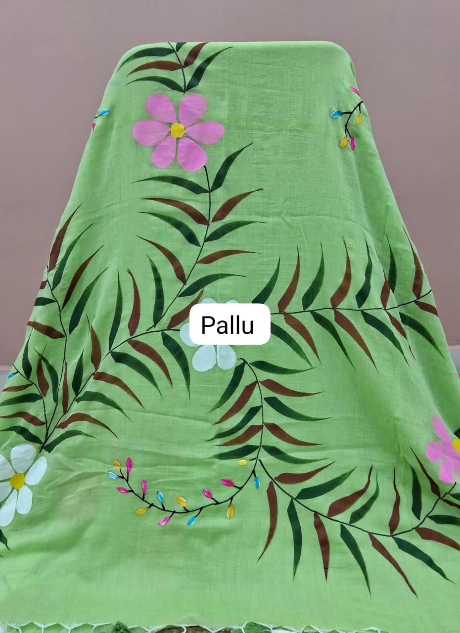 Bright Green Mulmul Cotton Saree pallu
