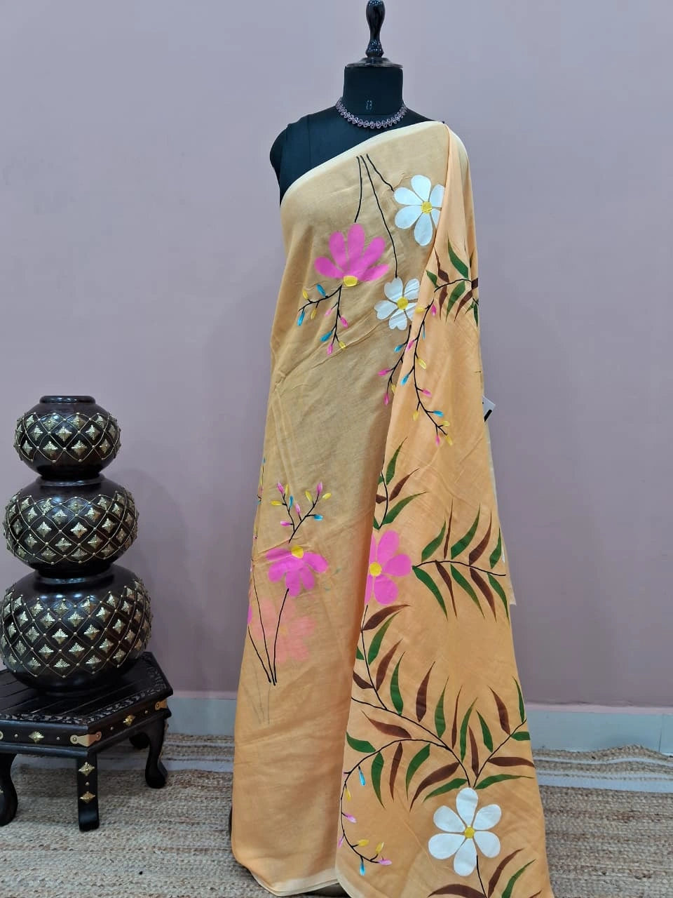 Light Yellow Mulmul Cotton Saree 