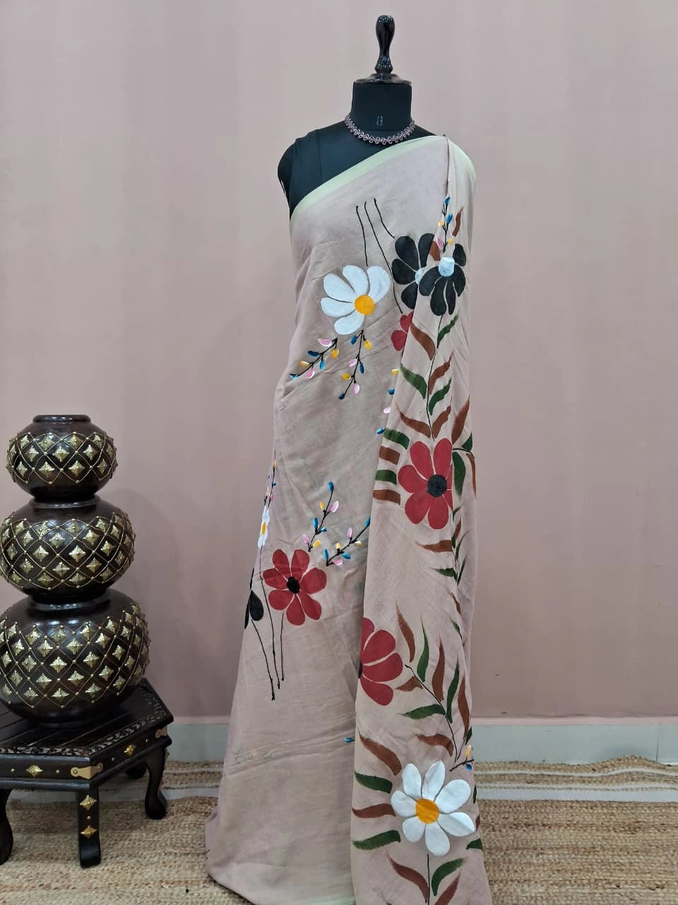 Beige Mulmul Cotton Saree 