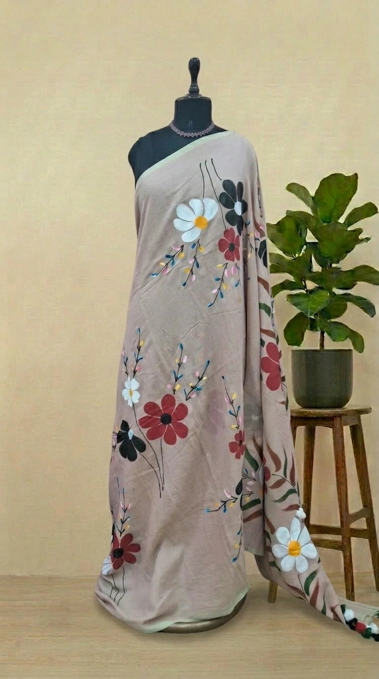 Beige Mulmul Cotton Saree