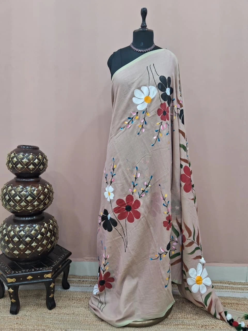 Beige Mulmul Cotton Saree