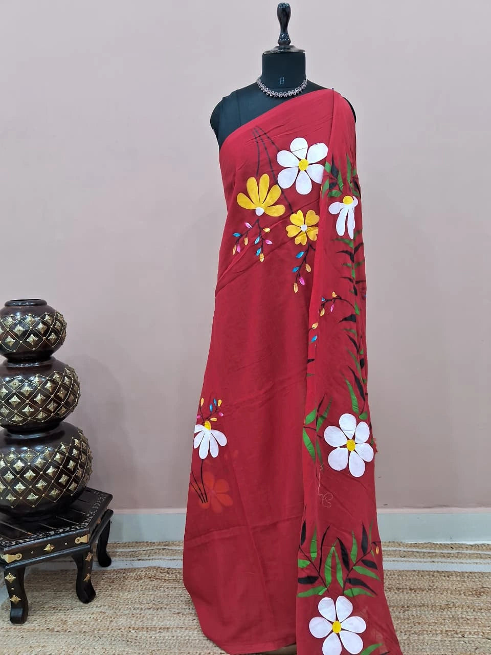 Tomato Red Mulmul Cotton Saree 
