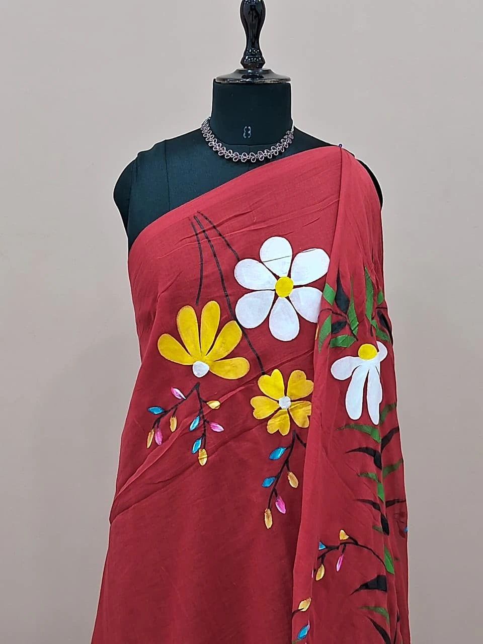 Tomato Red Mulmul Cotton Saree 1