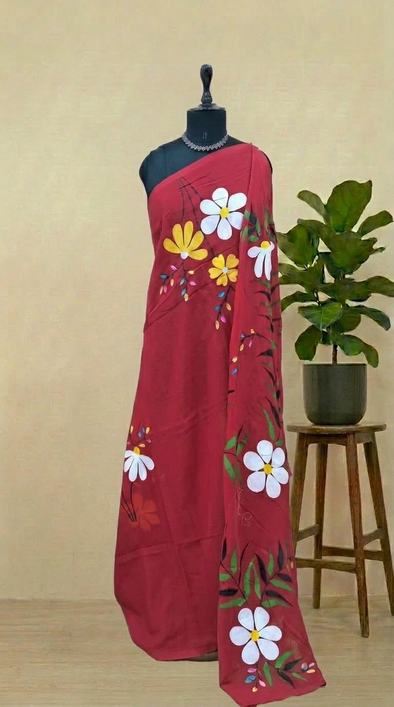Tomato Red Mulmul Cotton Saree 
