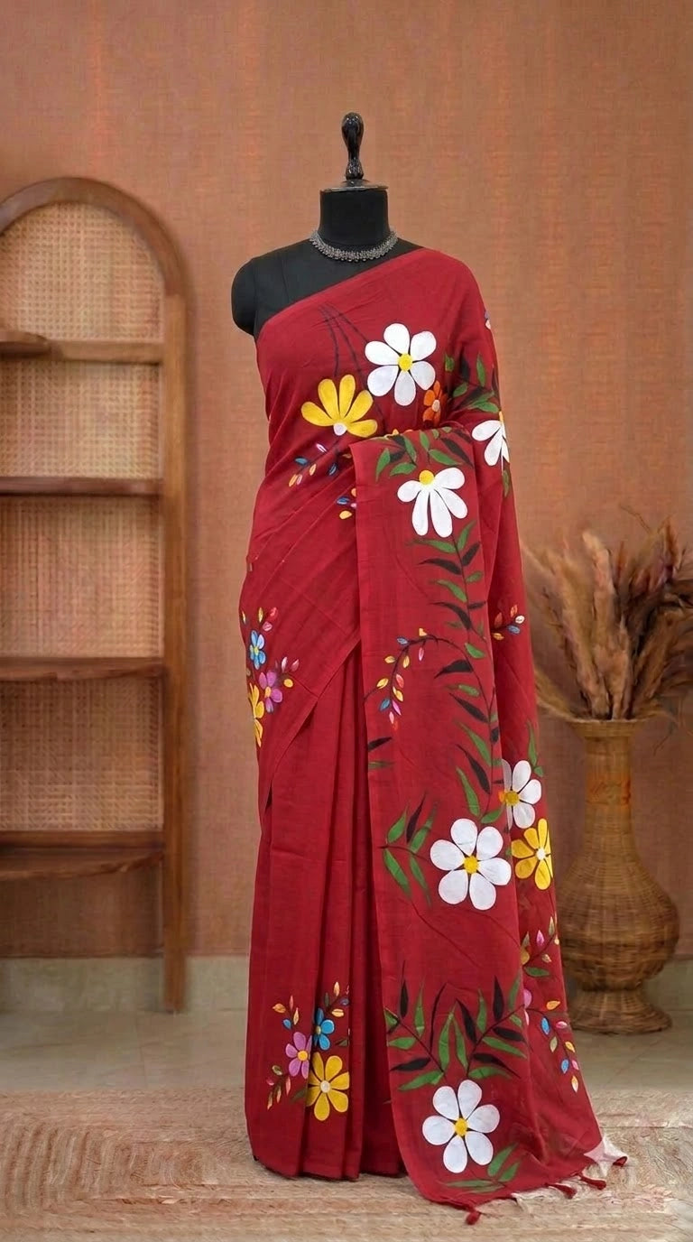 Tomato Red Mulmul Cotton Saree 