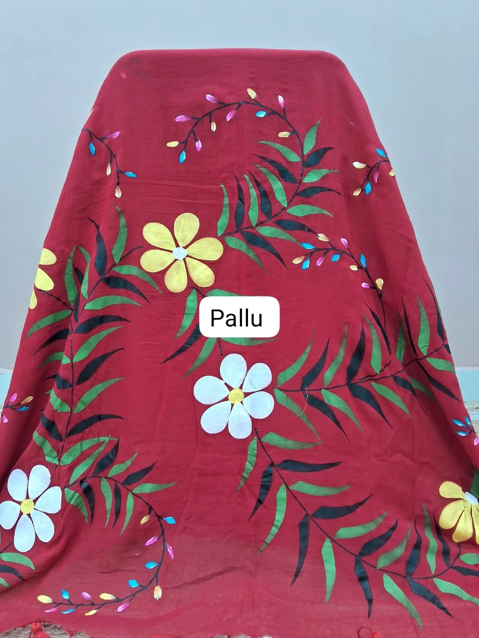 Tomato Red Mulmul Cotton Saree pallu