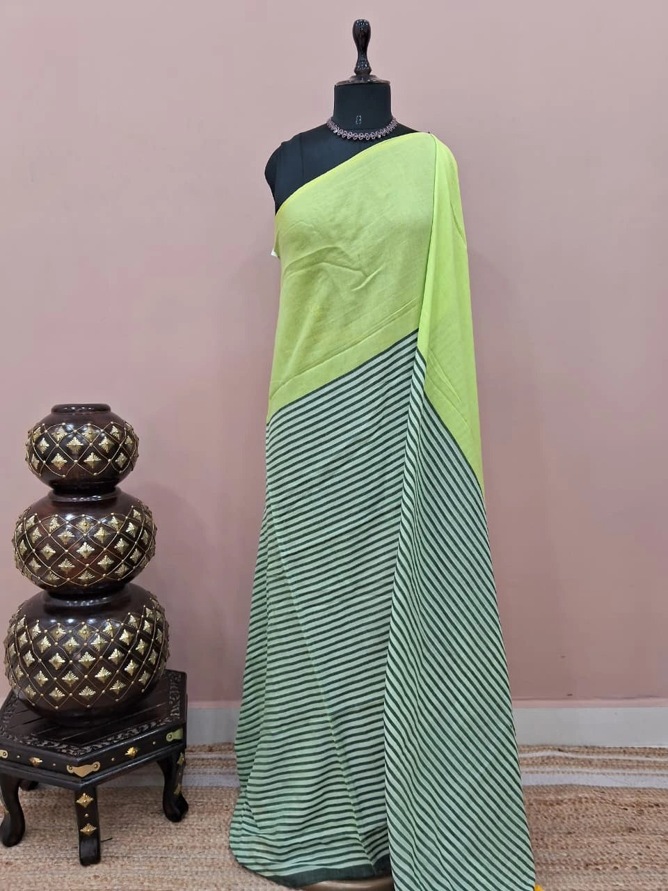 Lime Green Mulmul Cotton Saree 
