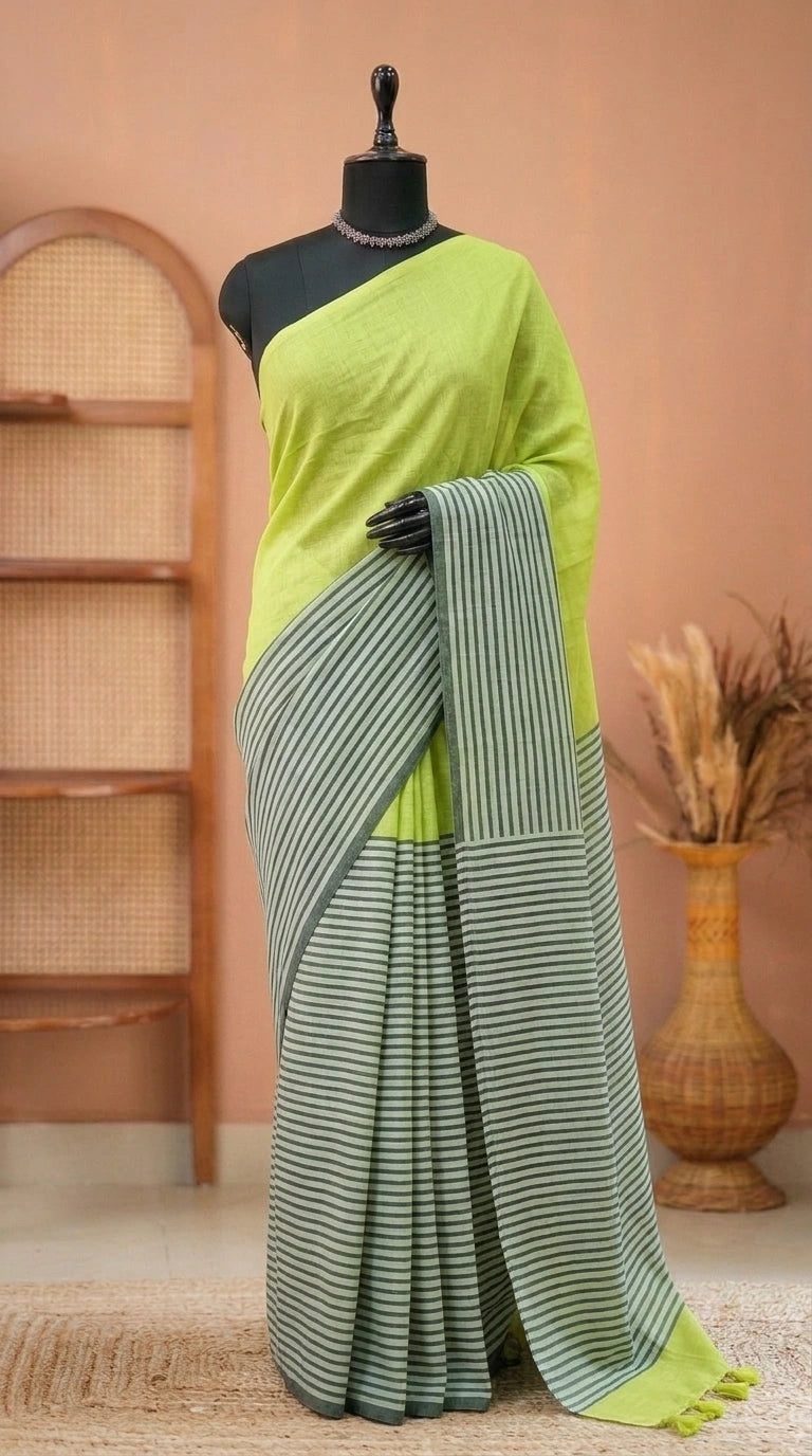 Lime Green Mulmul Cotton Saree 