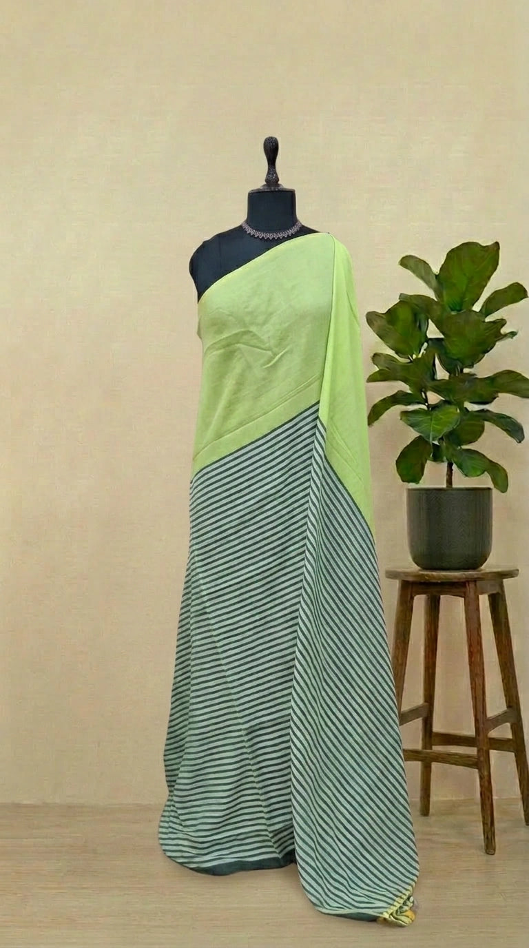 Lime Green Mulmul Cotton Saree 