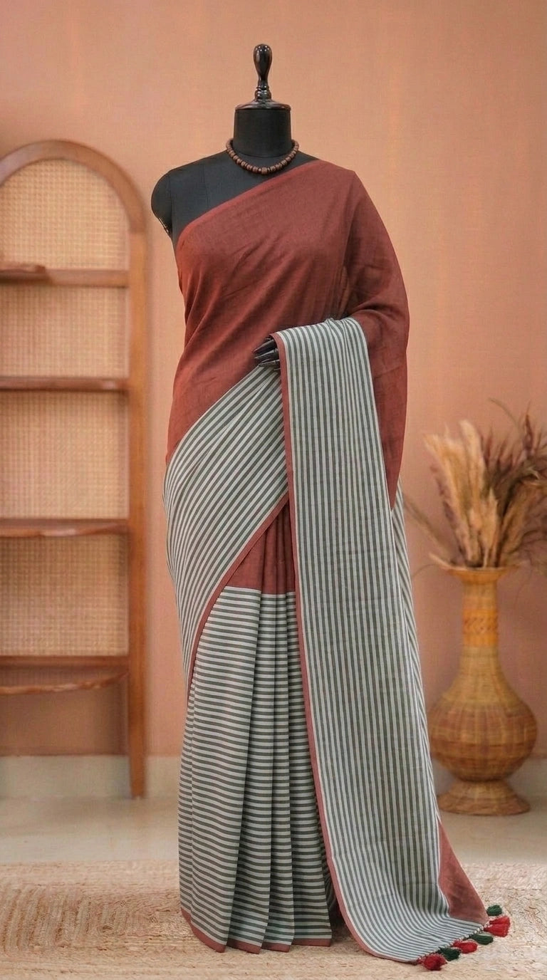 Brown Mulmul Cotton Saree 