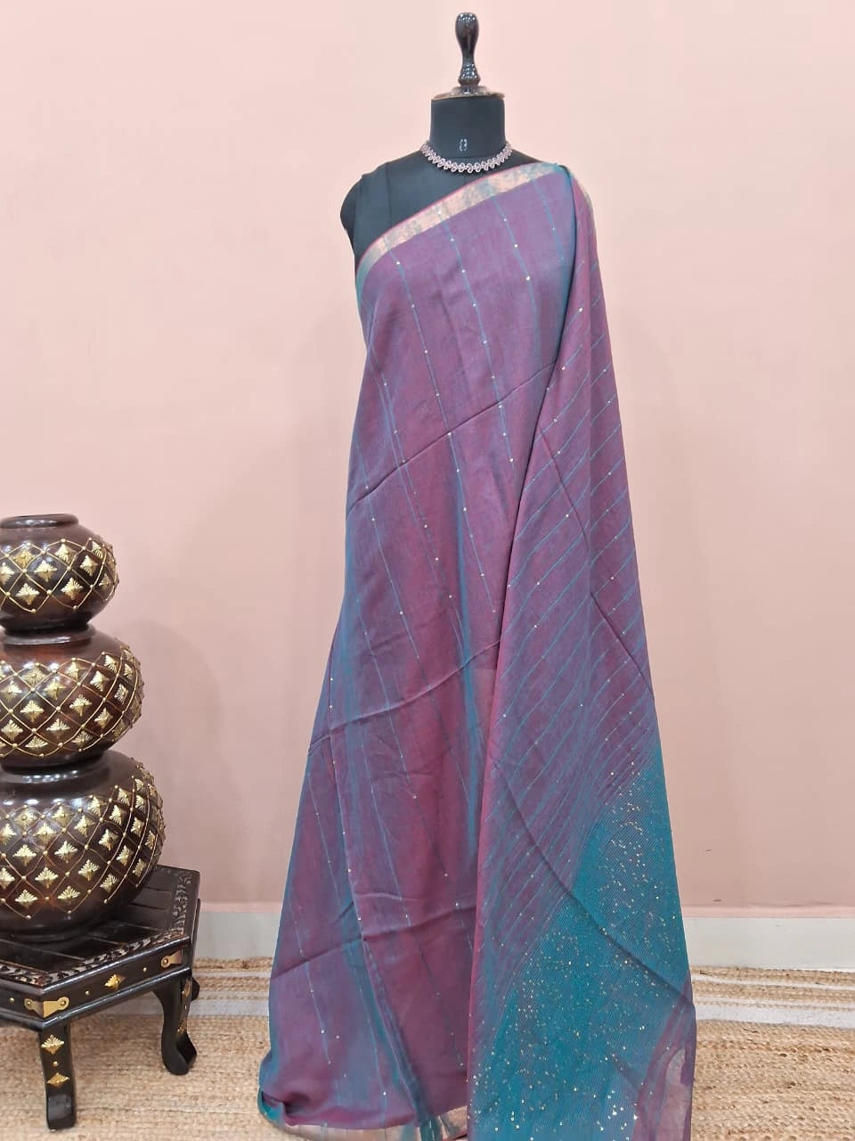 Deep Teal Blue Mulmul Cotton Saree
