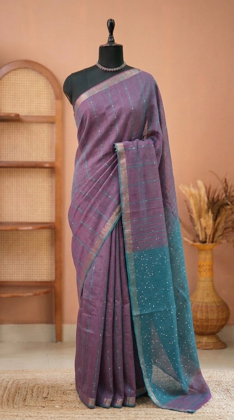 Deep Teal Blue Mulmul Cotton Saree