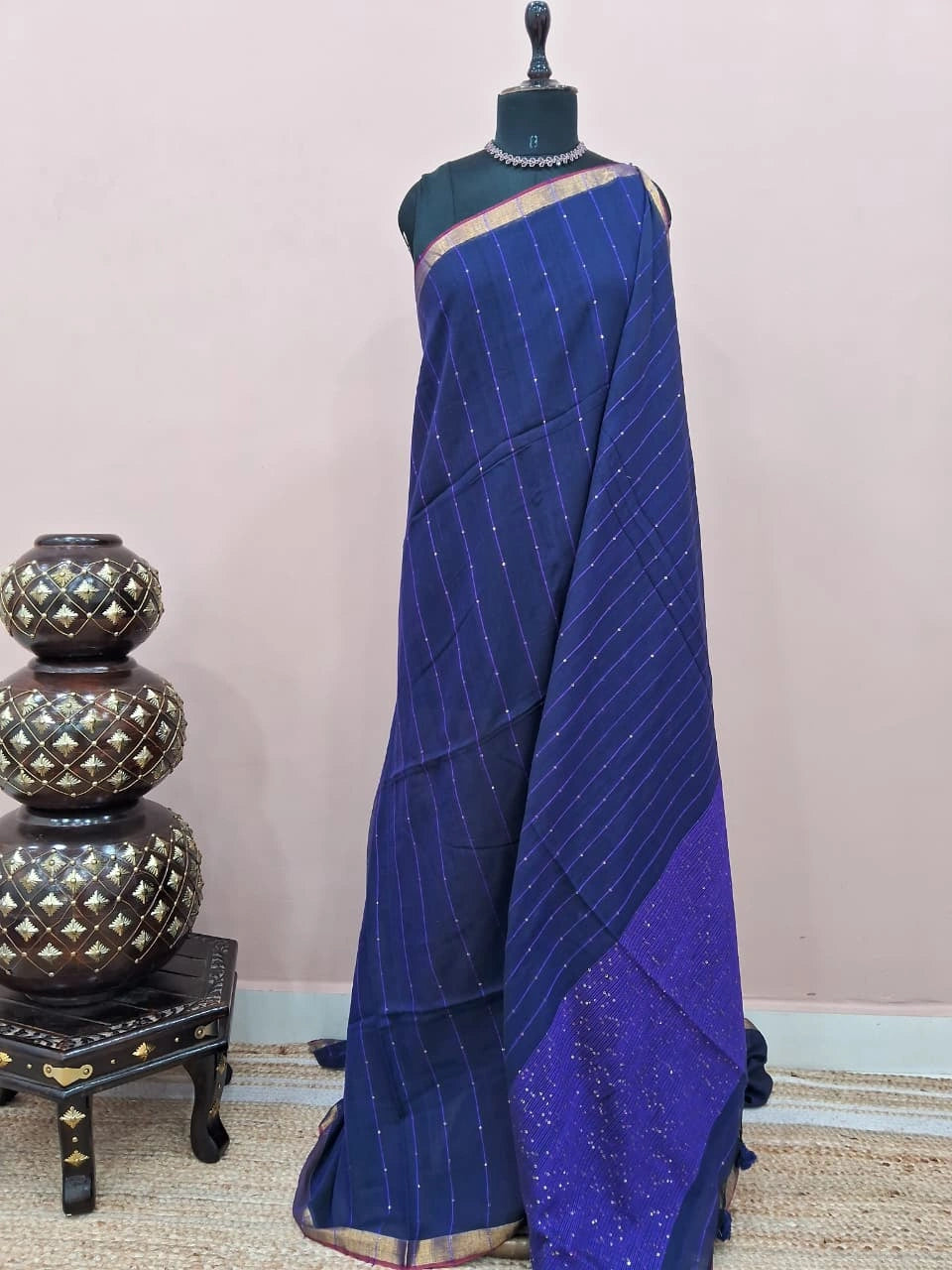 Royal Blue Mulmul Cotton Saree