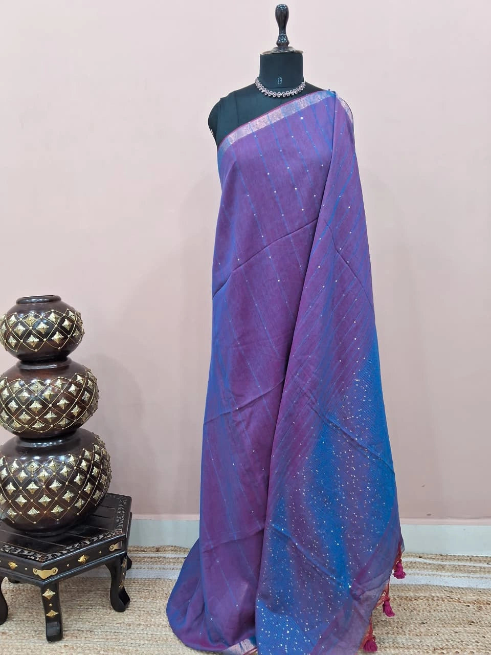 Dual Shade Purple Mulmul Cotton Saree 