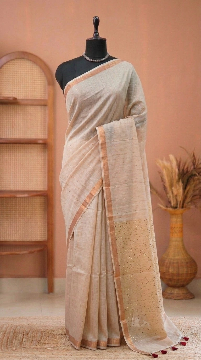 Off-White Mulmul Cotton Saree 
