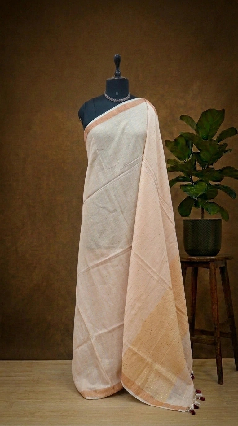 Off-White Mulmul Cotton Saree 