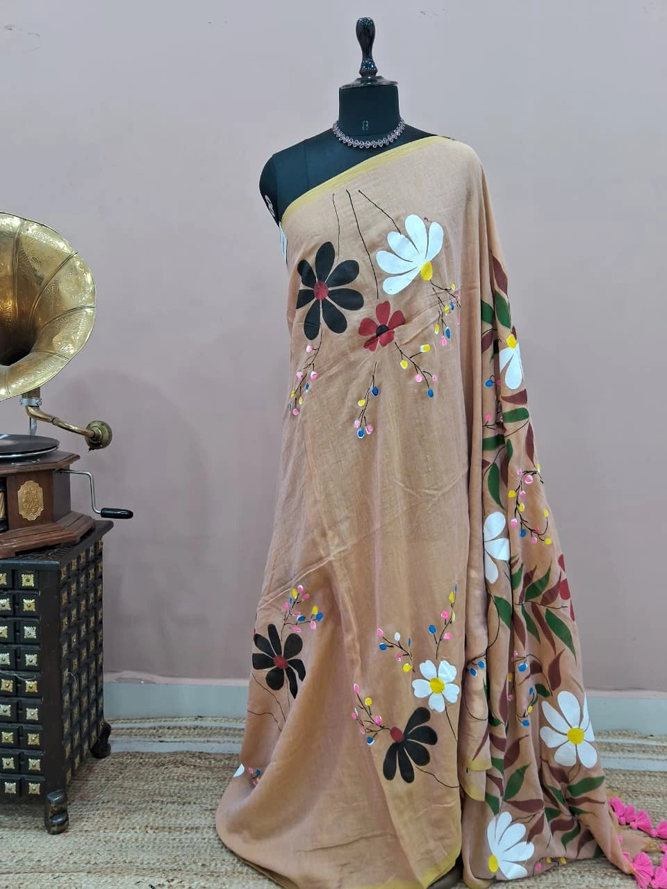 Dark Beige Mulmul Cotton Saree