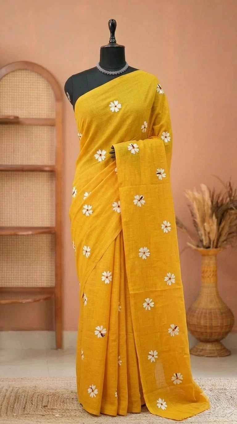 Mango Yellow Mulmul Cotton Saree 