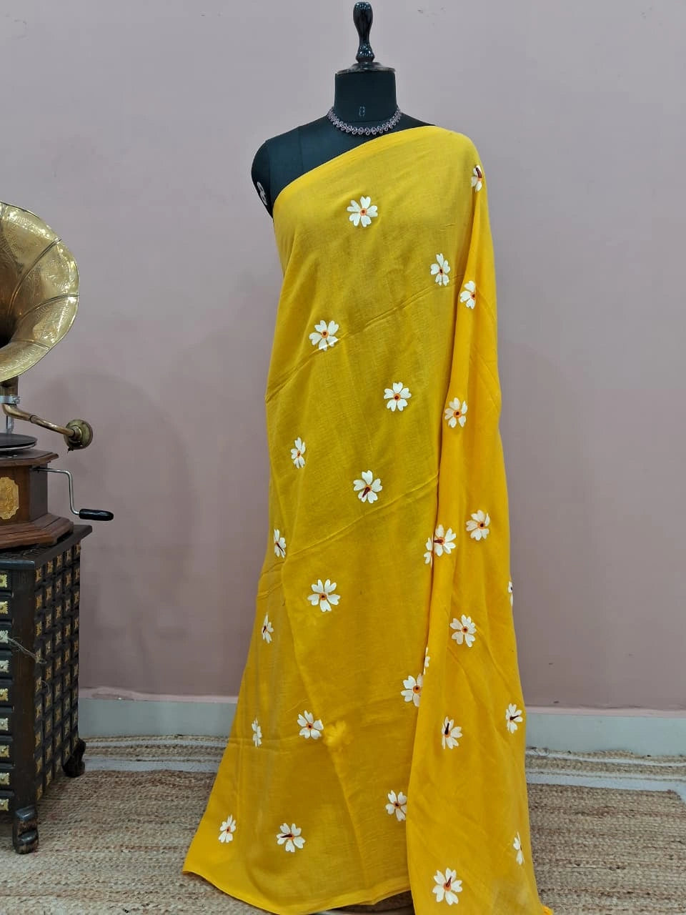 Mango Yellow Mulmul Cotton Saree 