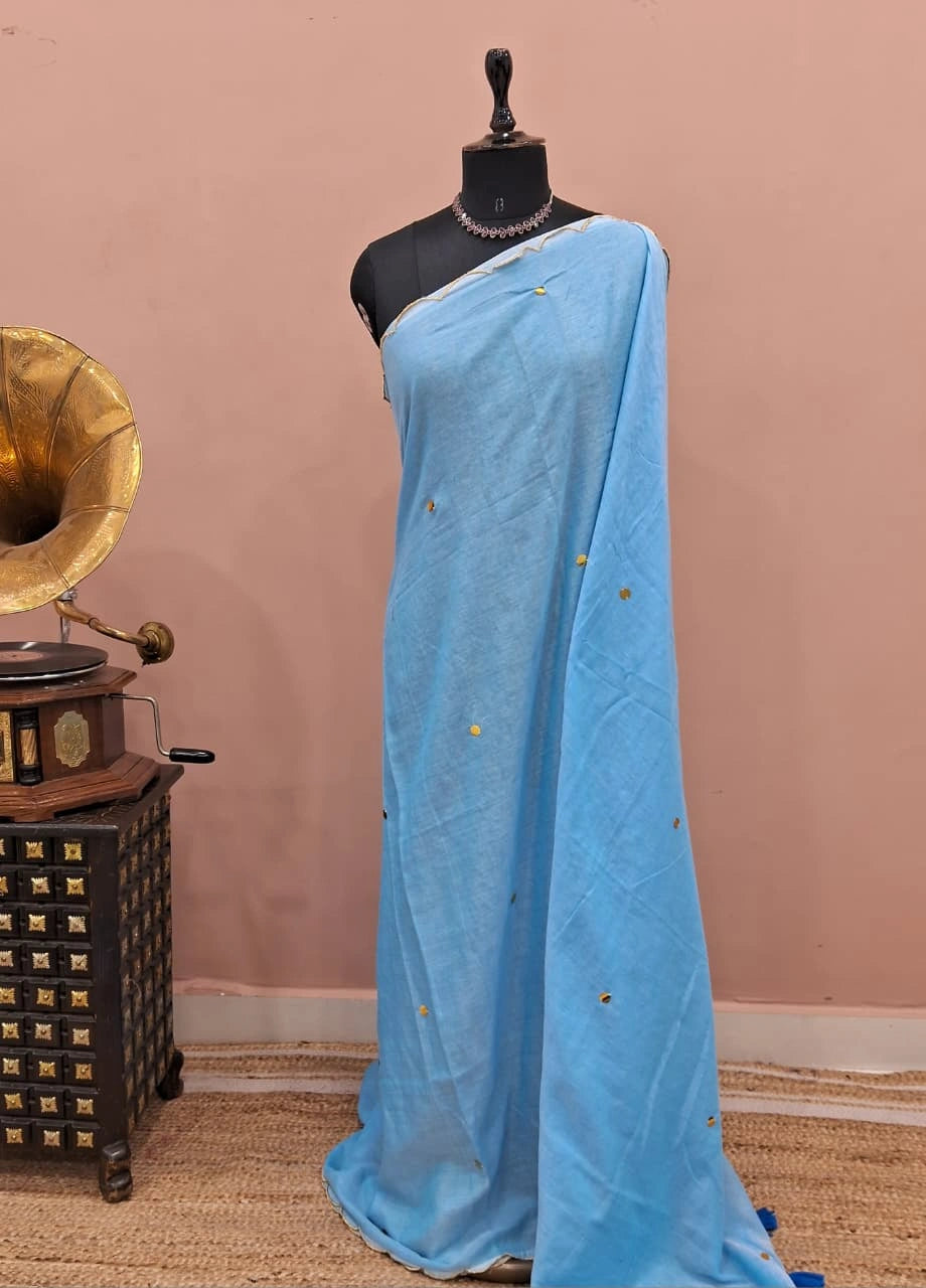 Sky Blue Mulmul Cotton Saree