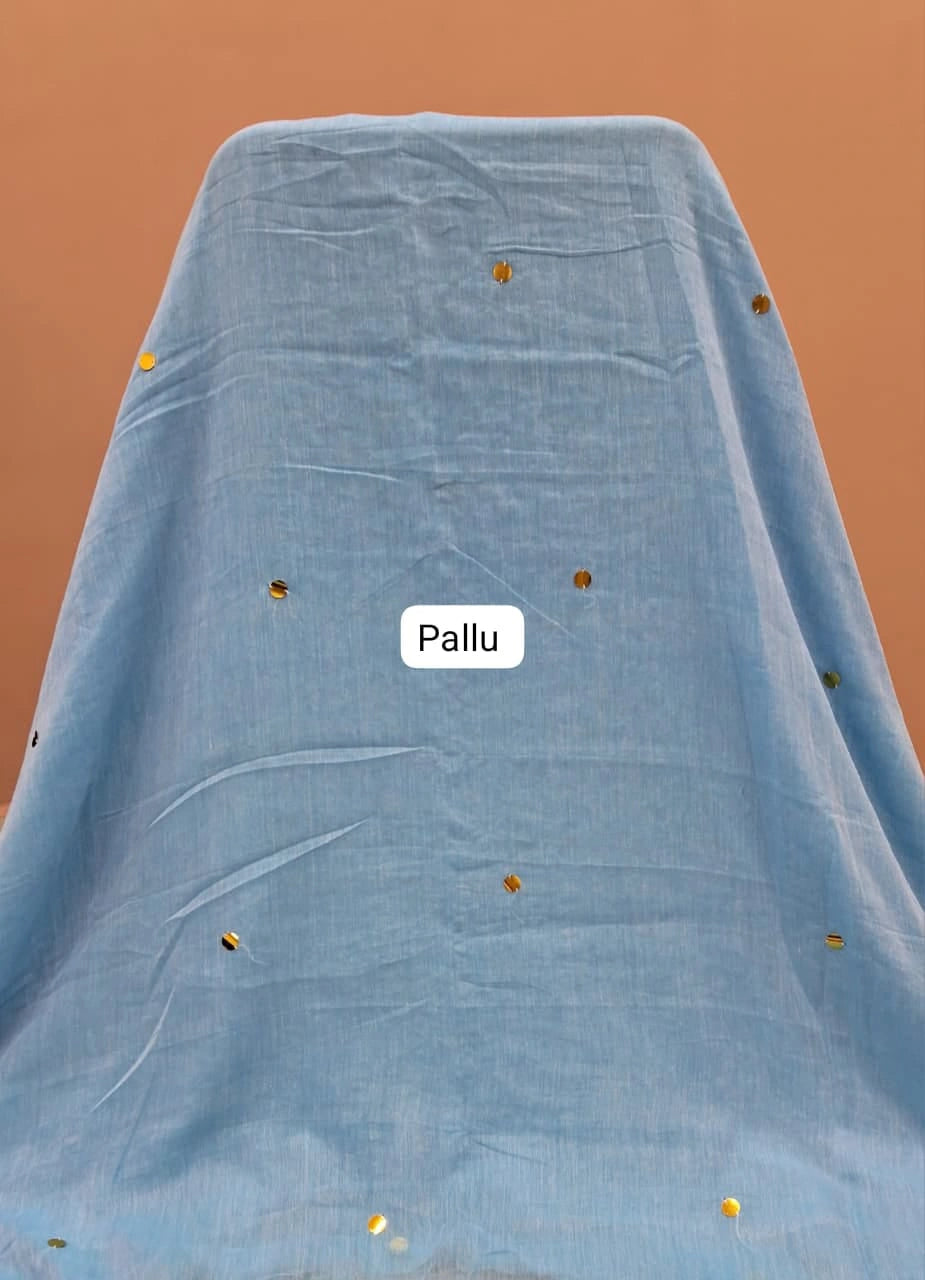 Sky Blue Mulmul Cotton Saree Pallu