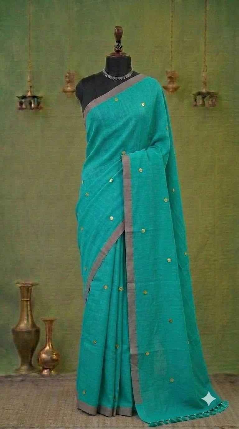Turquoise Blue Mulmul Cotton Saree 