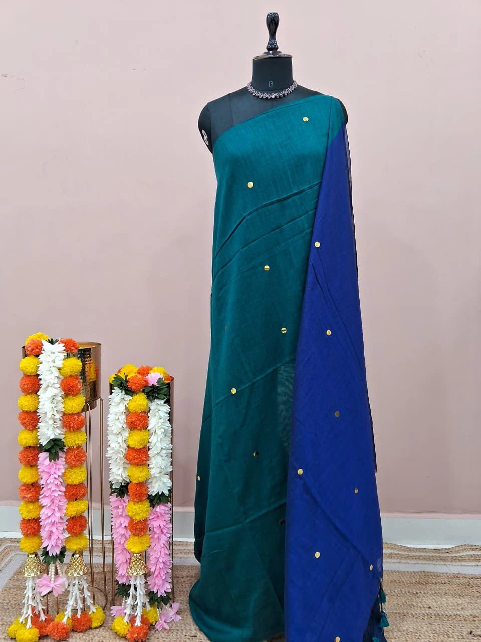 Teal Blue Mulmul Cotton Saree