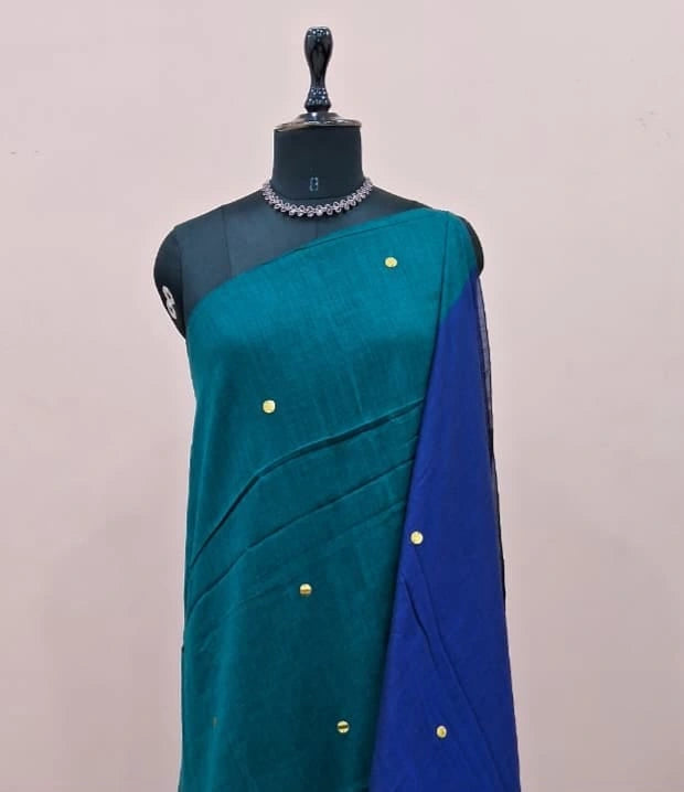 Teal Blue Mulmul Cotton Saree 1