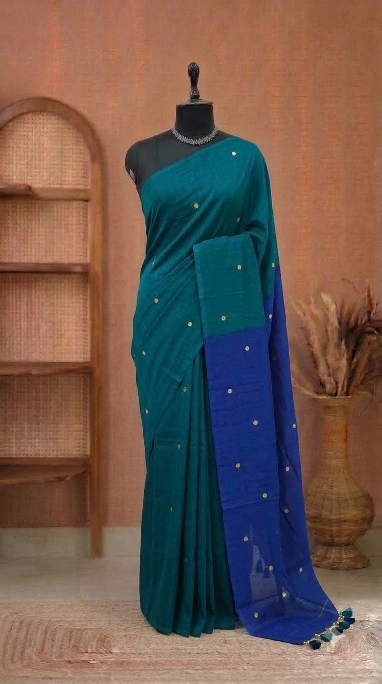 Teal Blue Mulmul Cotton Saree
