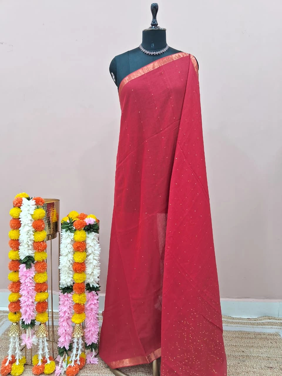Fire Red Mulmul Cotton Saree
